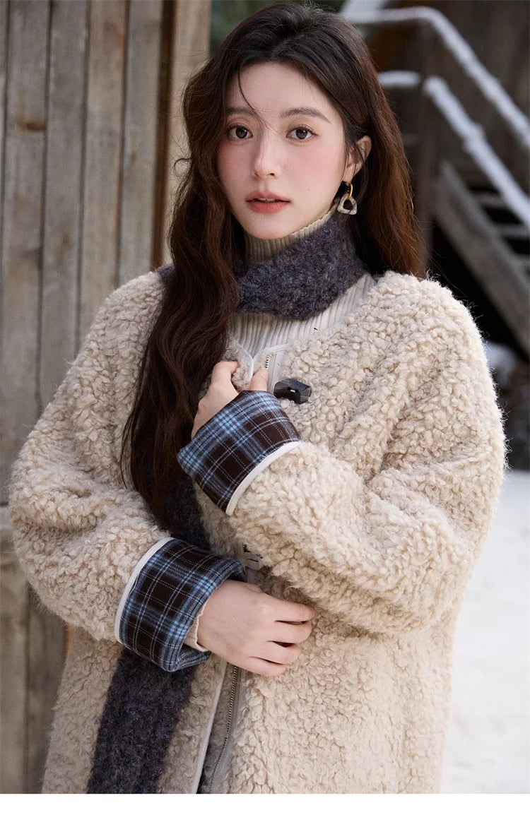 Mishow Plaid Patchwork Curly Lambswool Coat MXE87W0939