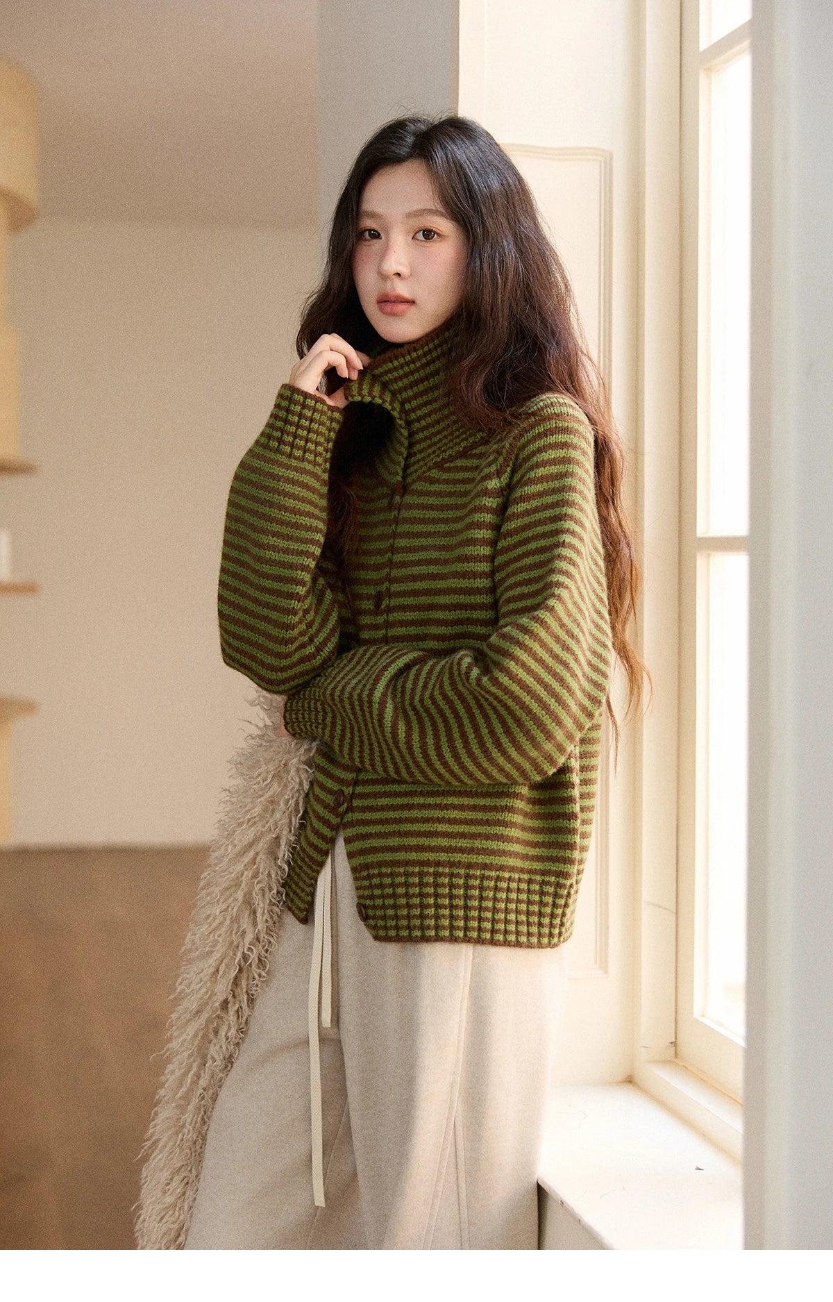 Mishow Striped Stand Collar Raglan Cardigan MXE88Z2690