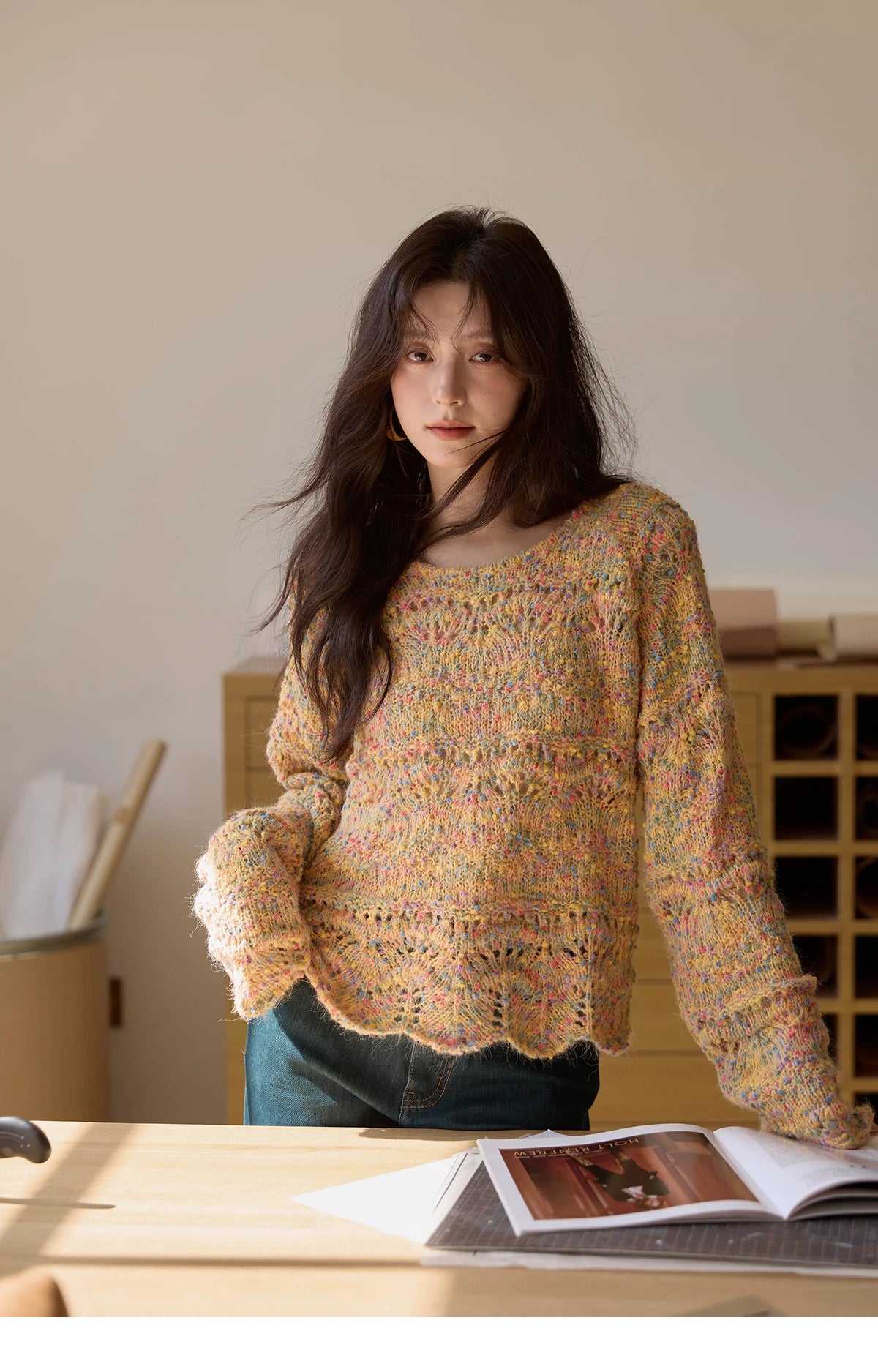 Mishow French Polka Dot Round Neck Curved Hem Sweater MXE43Z1343