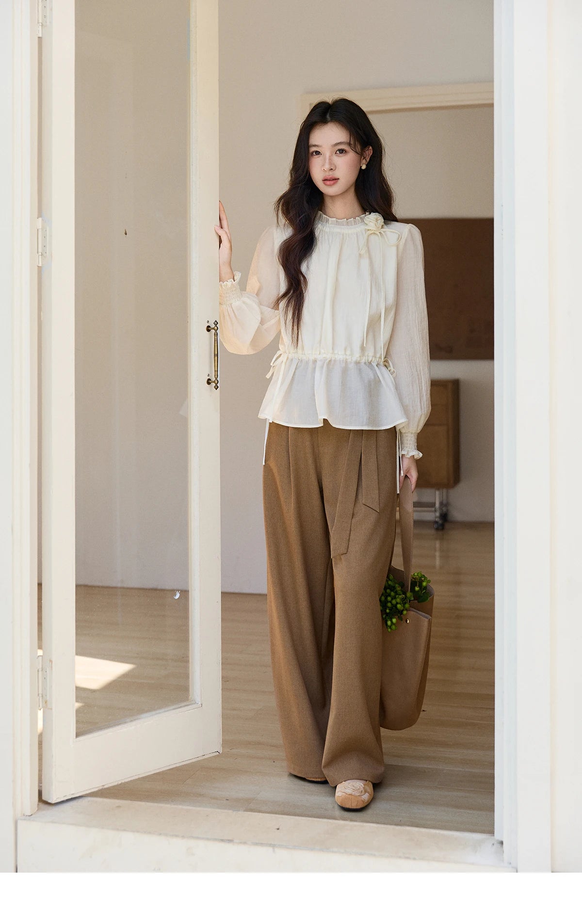 MISHOW Ruffled Stand Collar Blouse Drawstring Waist Puff Sleeve MXF11C2428