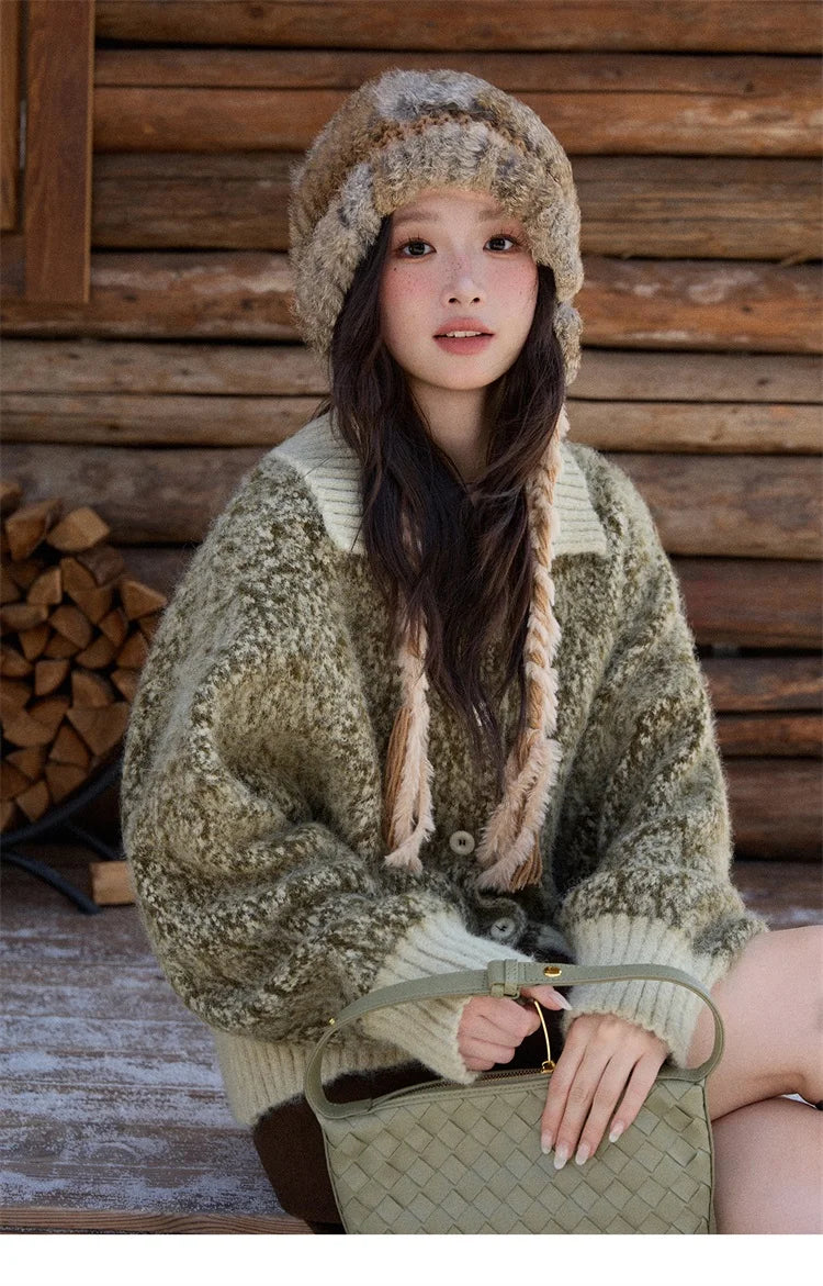 Mishow Green Retro Mottled Stand Collar Cardigan MXE90Z2787