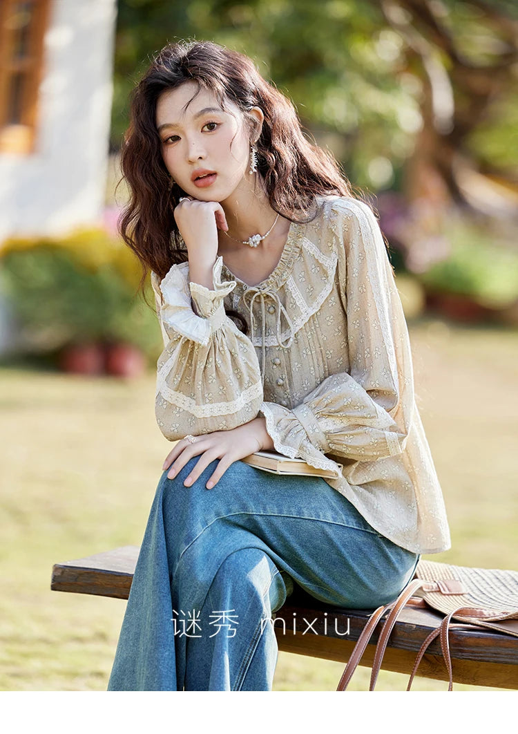 MISHOW Floral Round Neck Shirt Ruffled Collar Petal Sleeve MXE14X1729