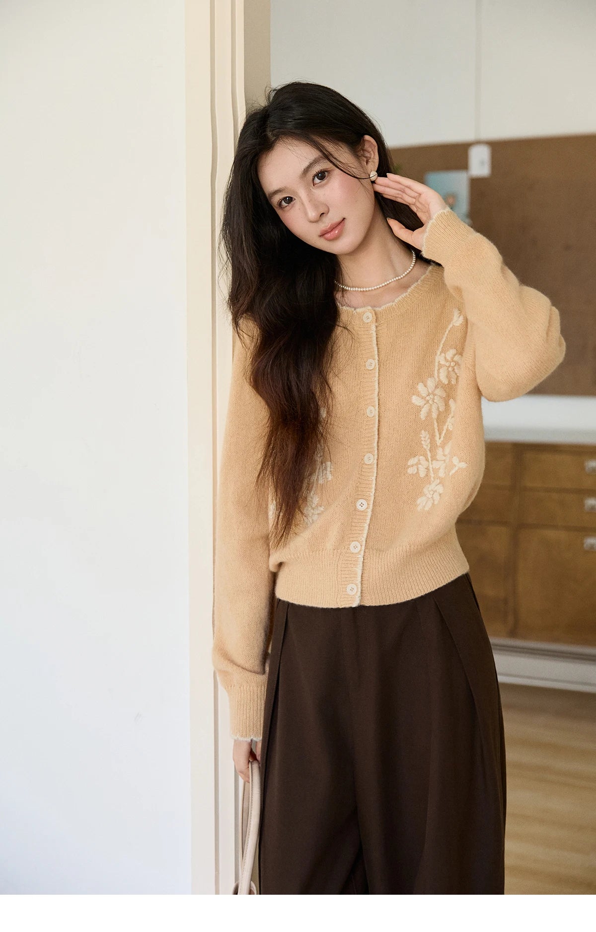 Mishow Camel Floral Embroidery Crew Neck Cardigan MXF11Z2896