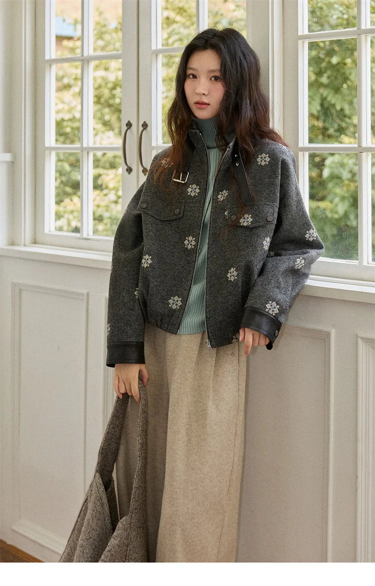 MISHOW Wool Blend Jacket Small Flower Embroidery Turtleneck Zipper MXE86W0906