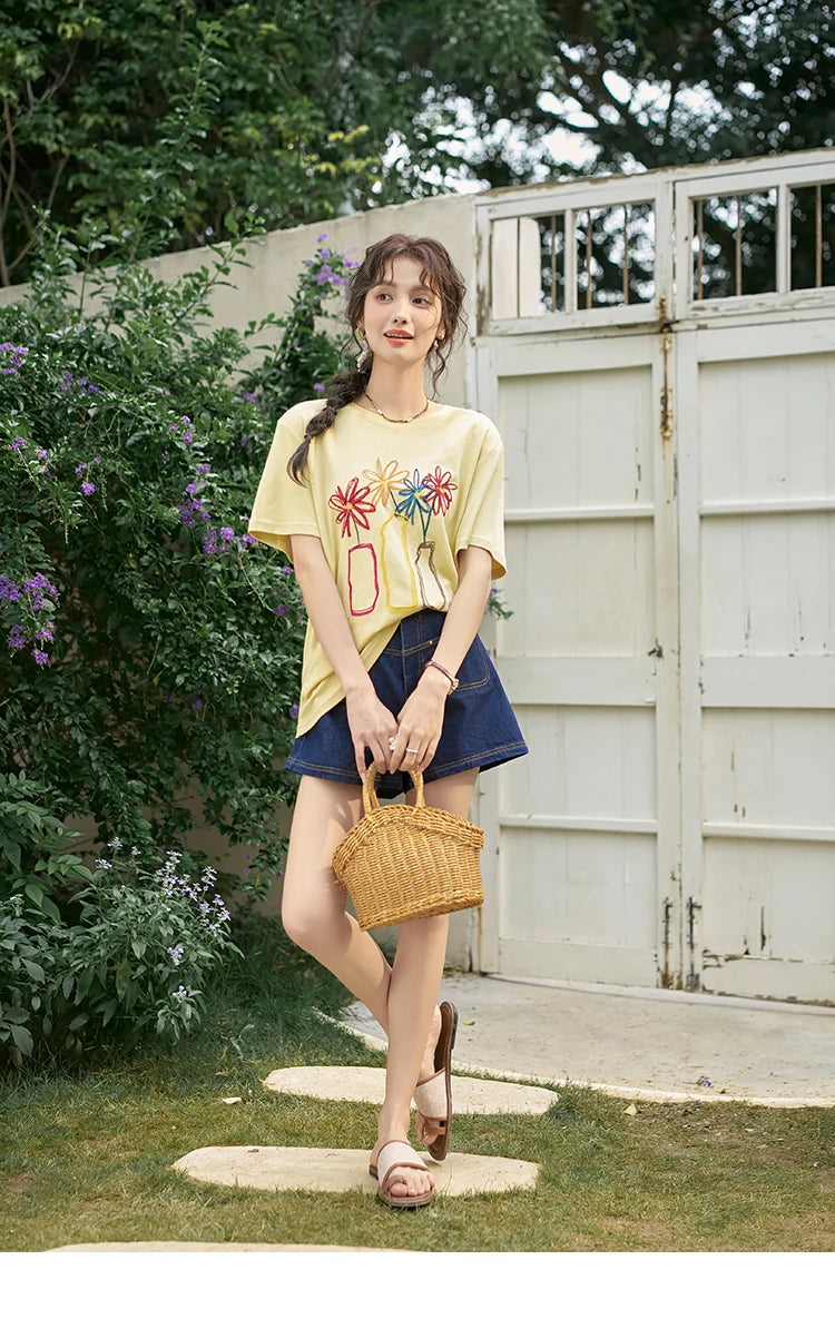 Mishow Embroidered Flower Pocket Wide Leg Denim Shorts MXD26K0707
