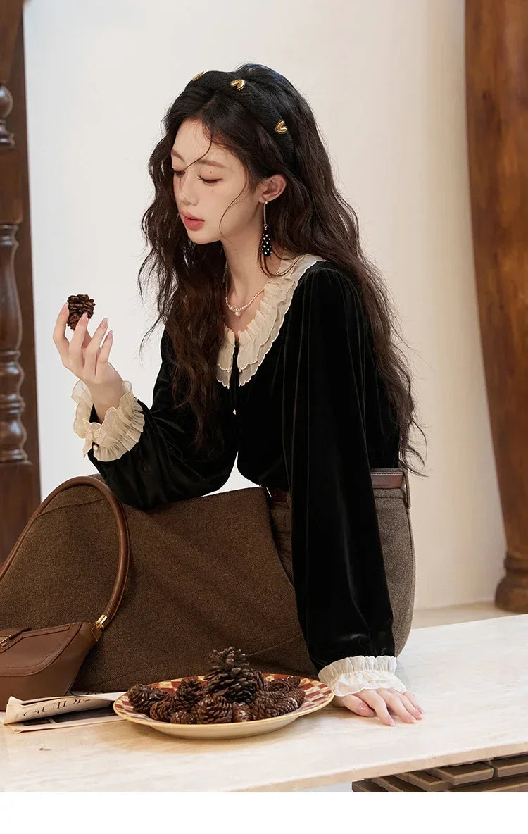 MISHOW French Retro Velvet Blouse Button Down O Neck MXC51X1323
