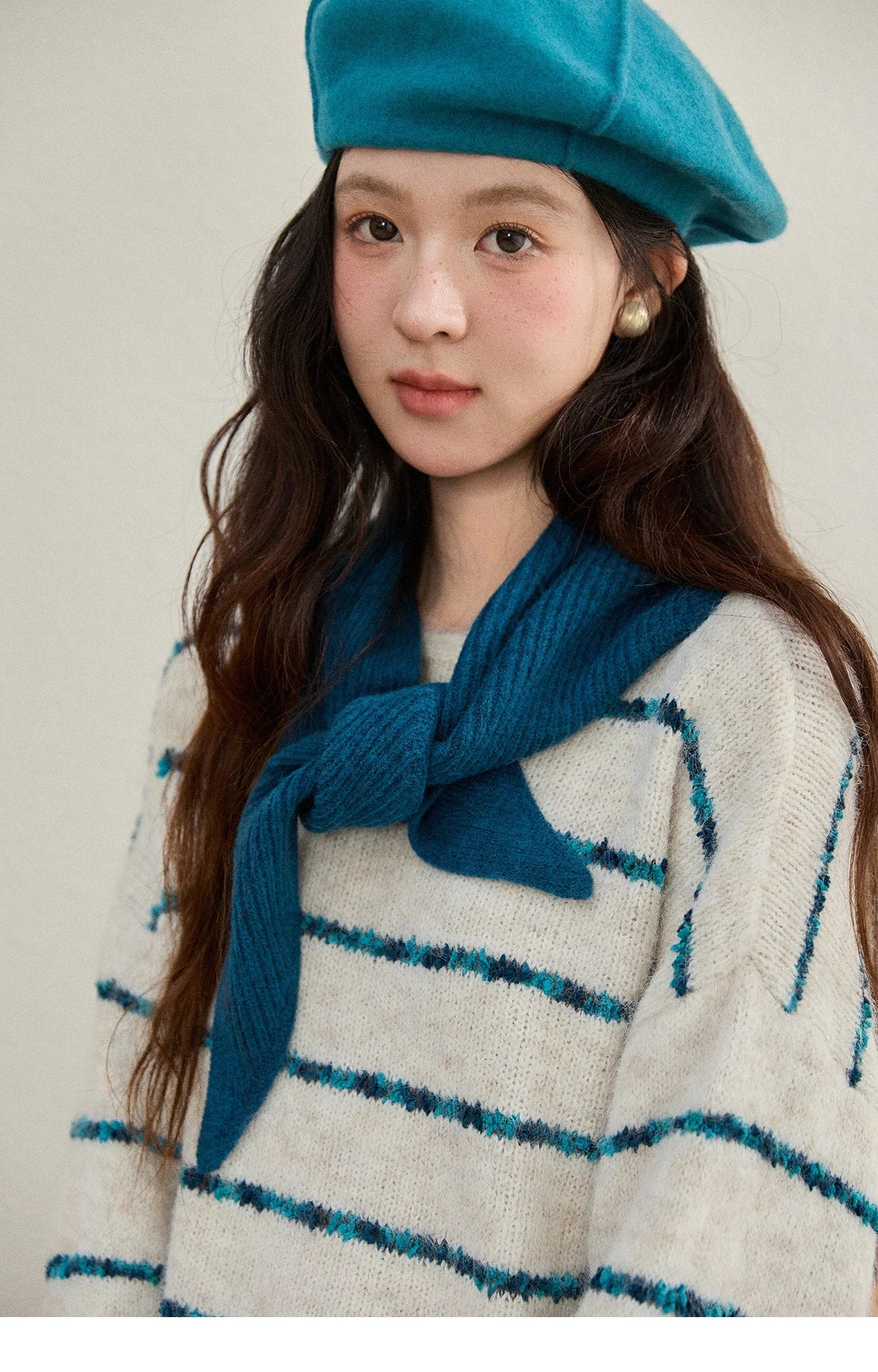 Mishow Blue Striped Alpaca Wool Sweater with Scarf Set MXE90Z2821
