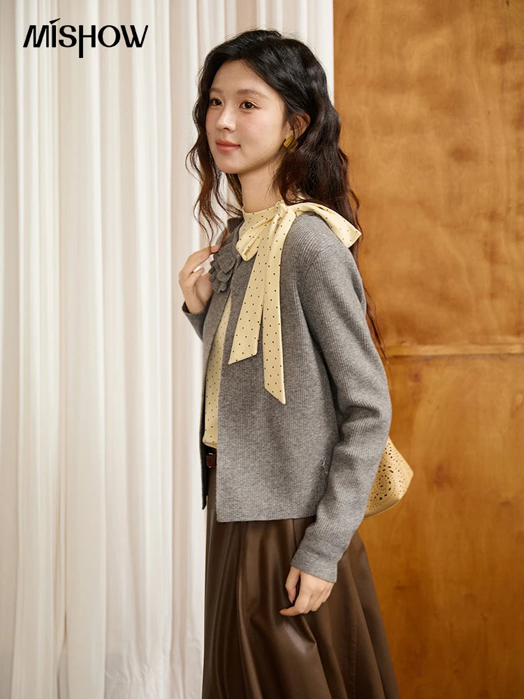Mishow Gray Ruffled Collar Floral Yarn Cardigan MXE45Z1378