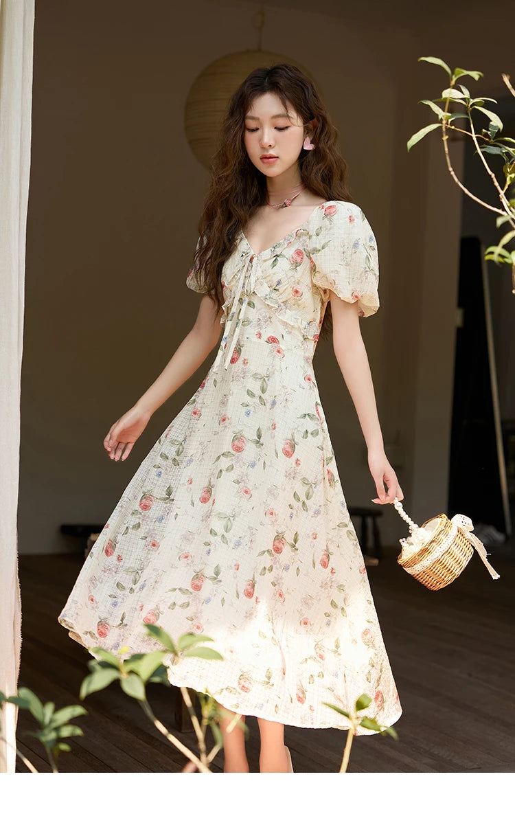 Mishow French A-Line Ruffled V-Neck Puff Sleeve Dress MXC33L1465