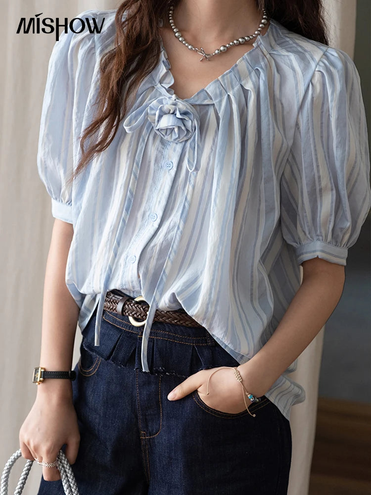 MISHOW Striped Puff Sleeve V-Neck Button Shirt MXE36X1870