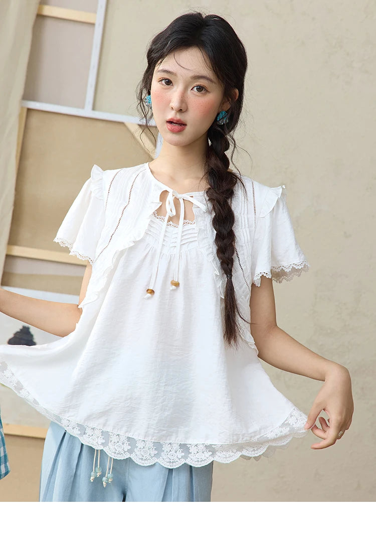MISHOW White Lace Up Blouse Butterfly Sleeve Hollow Lace MXE34X1784