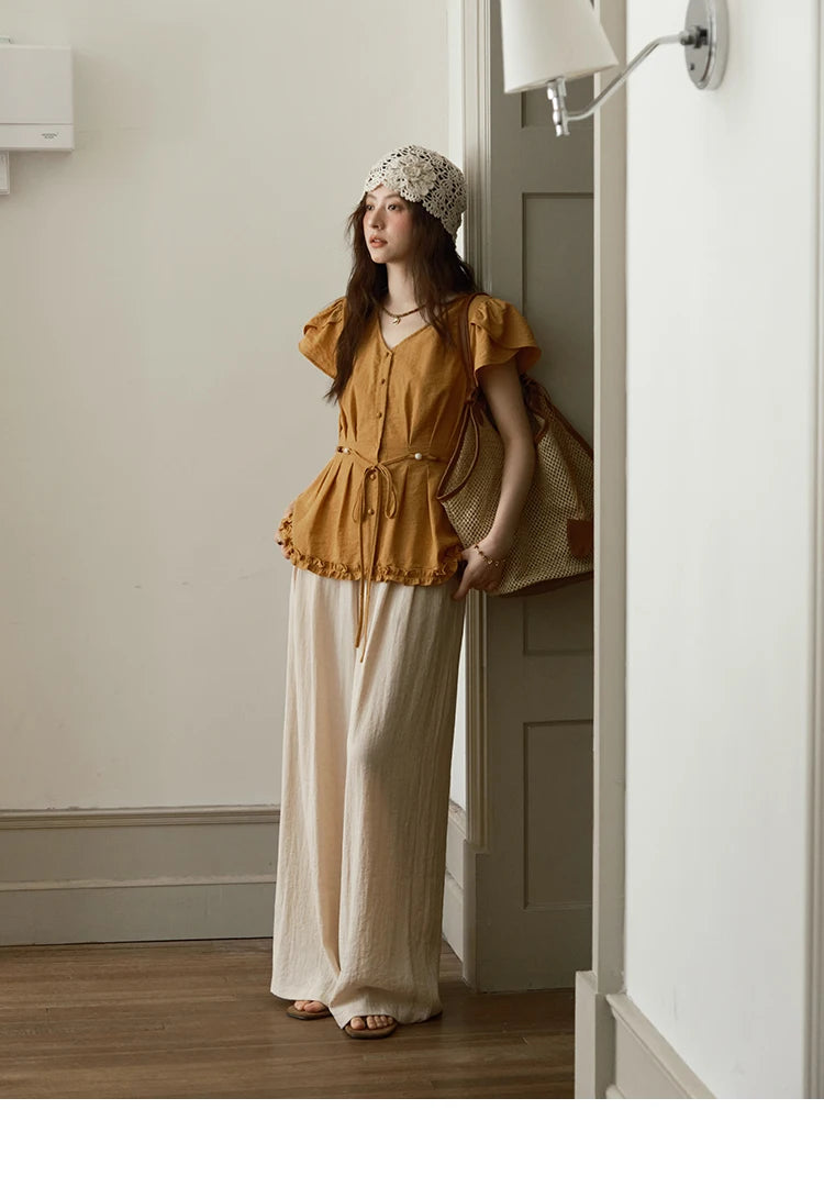 MISHOW Petal Sleeve Slim Shirt V-Neck Bead Belt MXE39X1881