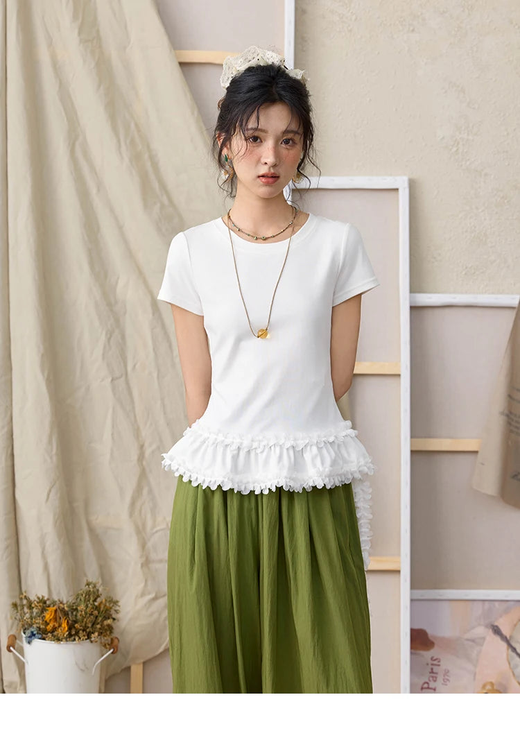 Mishow White Ruffled Tee with Red Lanyard Necklace MXE34T0557