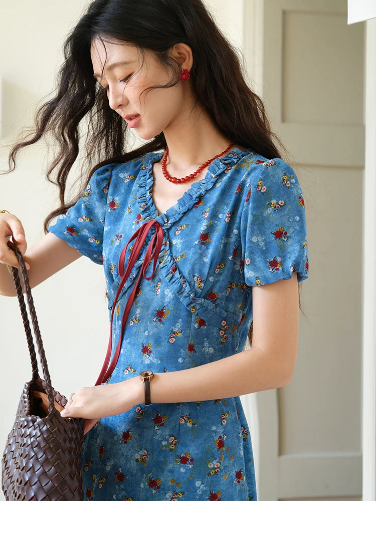 Mishow V-Neck Lace-Up Puff Sleeve Chiffon Dress MXE39L2401
