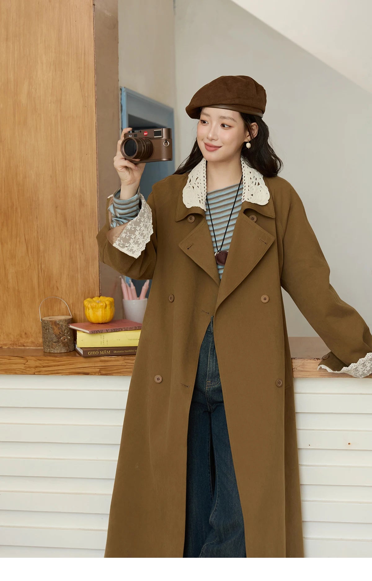 Mishow Light Khaki Lace Long Trench Coat MXE45W0830