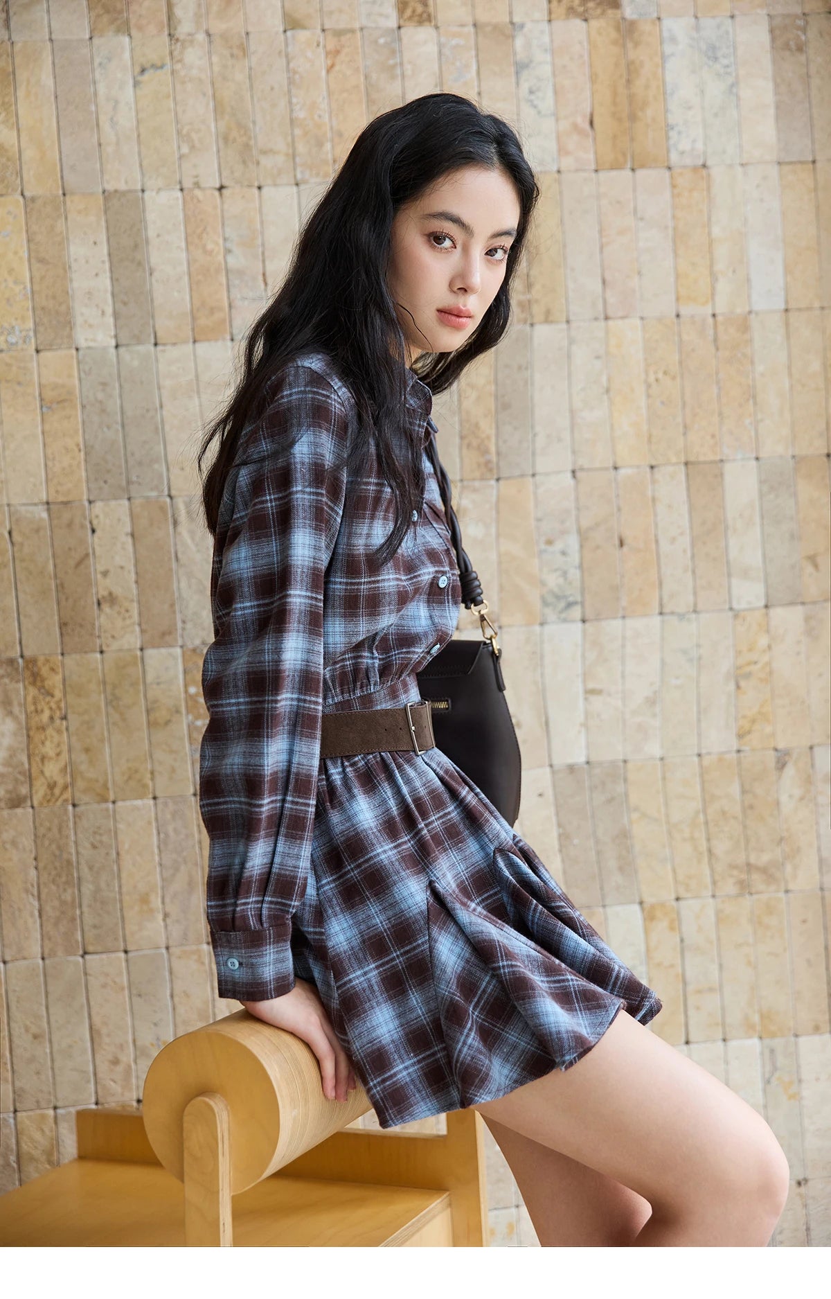 Mishow Blue Plaid Turn-Down Collar Belt Dress MXE48L2525