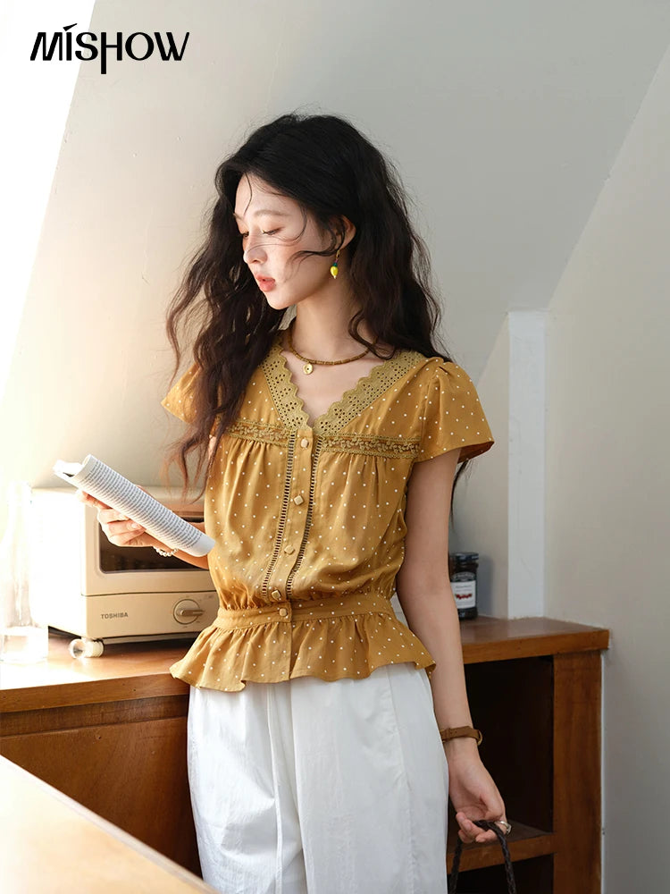 MISHOW V-Neck Lace Polka Dot Blouse Ruffled Button MXE38X1847