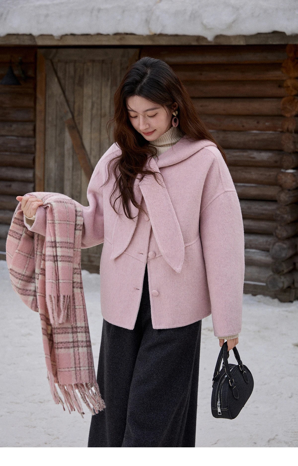 Mishow Pink Wool Hooded Bow Tie Strap Coat MXE91W1010