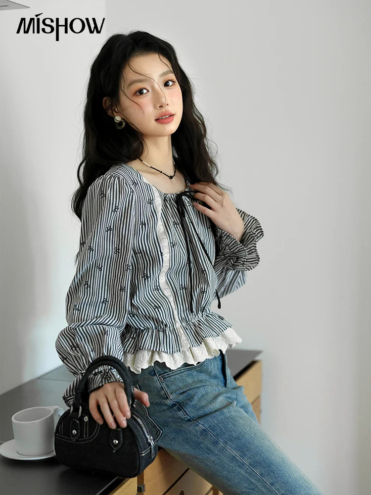 MISHOW Black Striped Blouse Lace-Up Bow Round Collar MXE41X1948