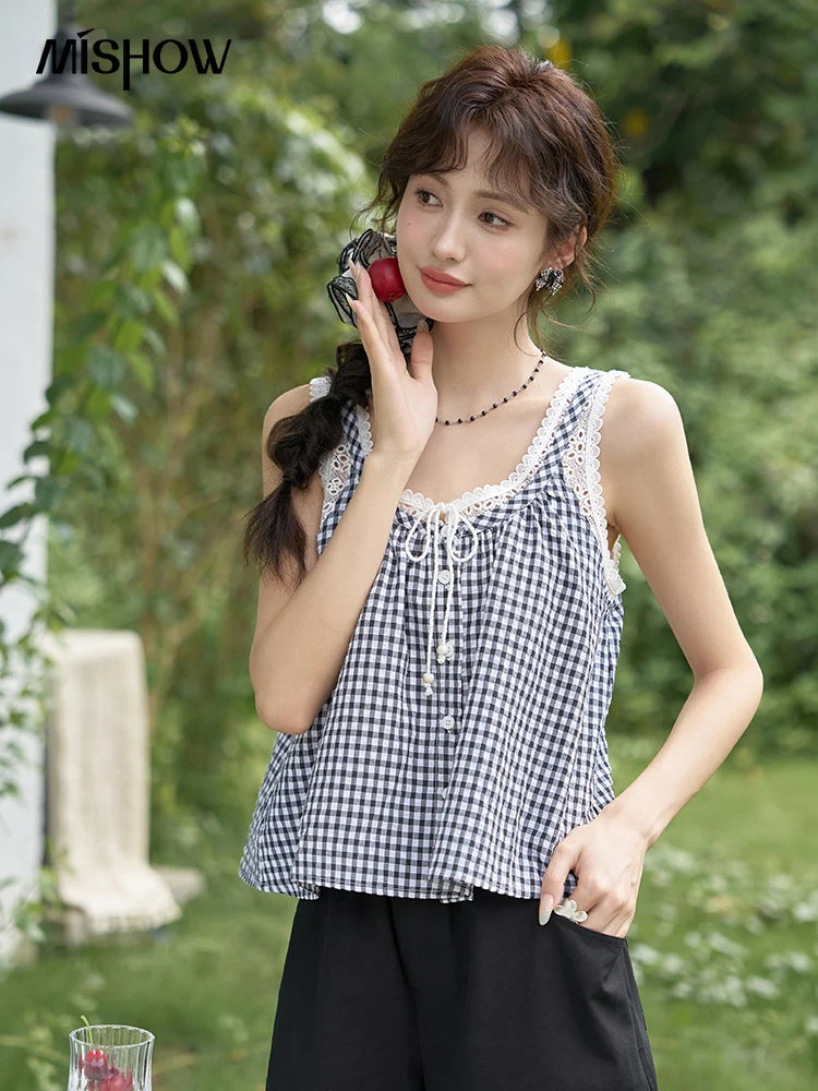 MISHOW Lace Plaid Suspender Vest U Neck Sleeveless MXD26X1567