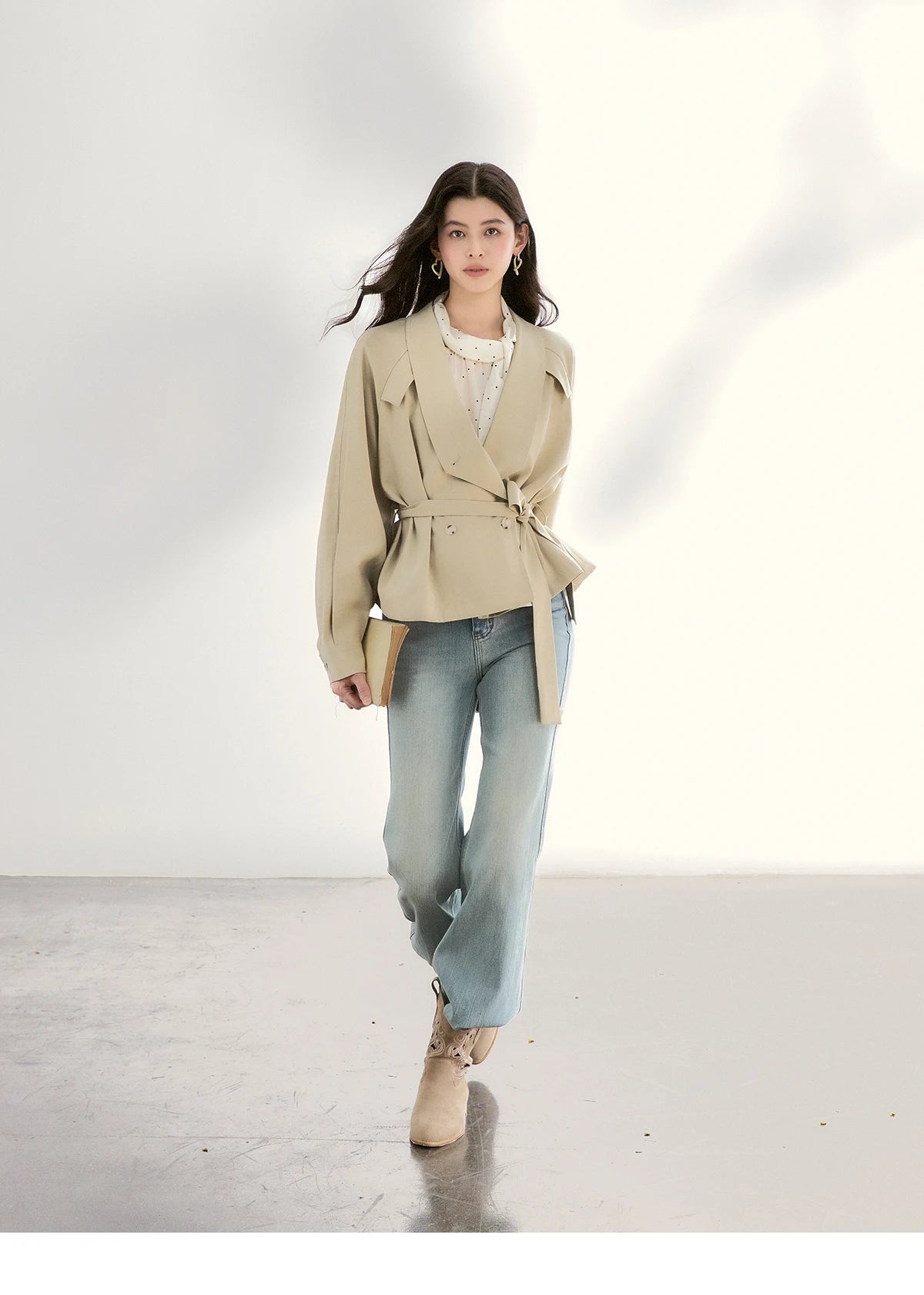MISHOW Khaki Belted Waist Coat Lapel Double-Breasted Short MXF13W1056