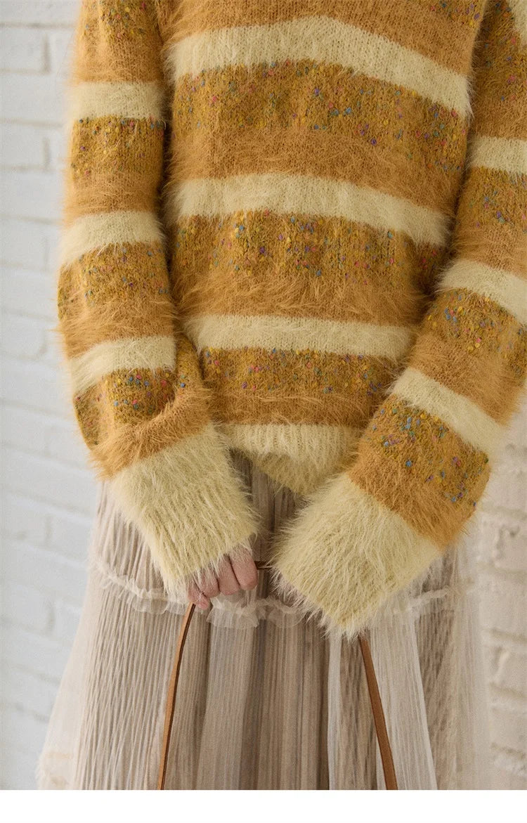 Mishow Retro Yellow Striped Faux Mink Jacquard Sweater MXE87Z2766