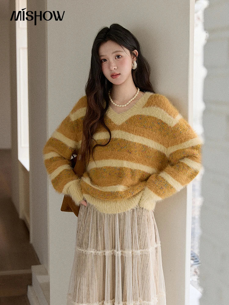 Mishow Retro Yellow Striped Faux Mink Jacquard Sweater MXE87Z2766