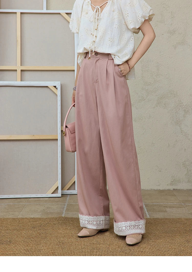 MISHOW Hem Lace Hollow Out Wide Leg Pants High Waist Pink MXE31K0900