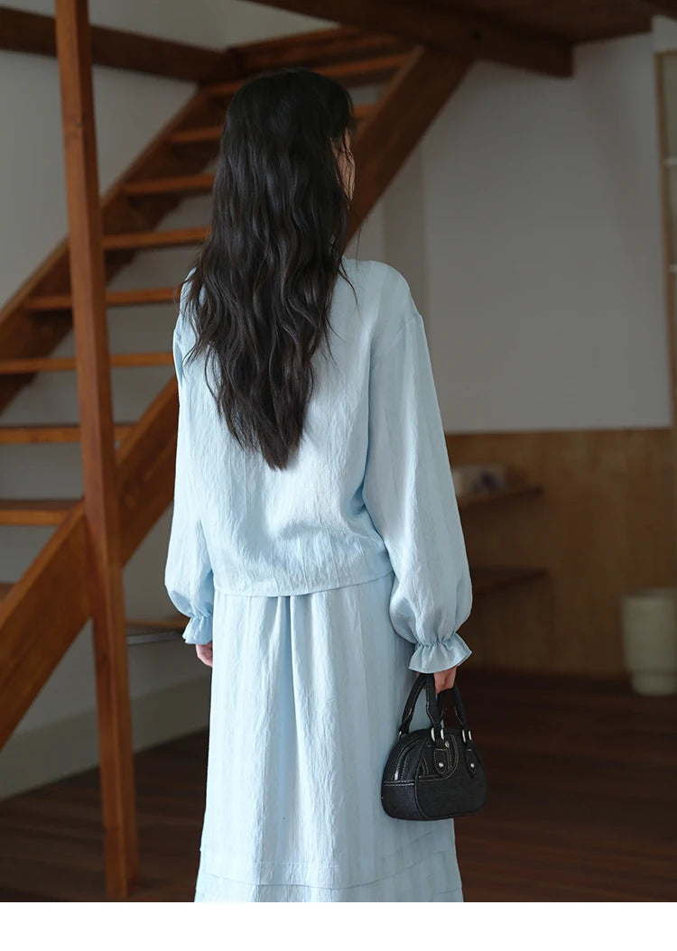 Mishow Light Blue Linen V-Neck Lace-Up Shirt & Elastic Skirt Set MXE41T0700