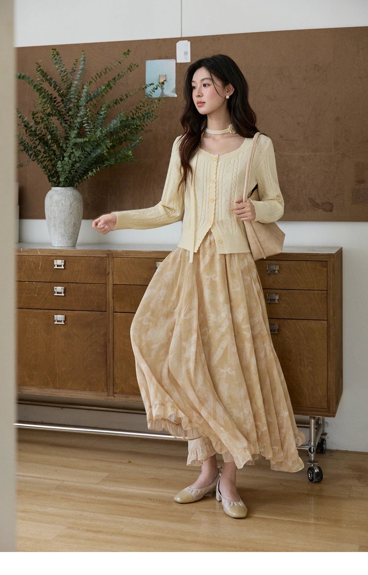 Mishow Beige Cable Knit Square Neck Cardigan MXF11Z2903