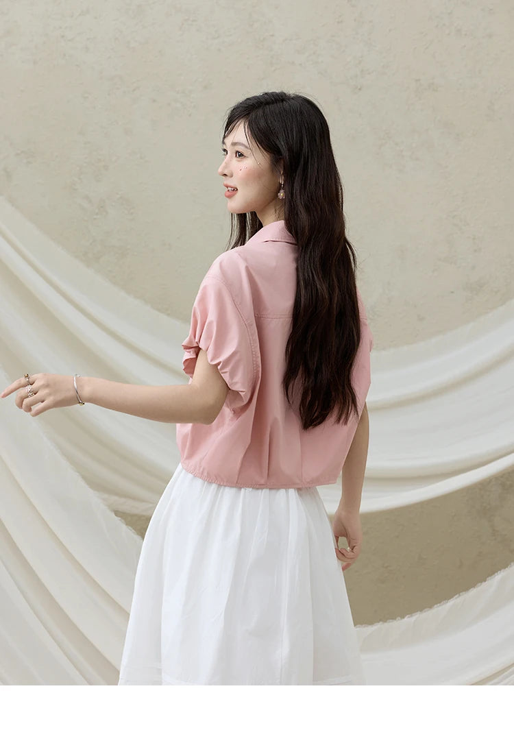 MISHOW Short Puff Sleeve Blouse Turn Down Collar Shell Ribbon MXE33C0773