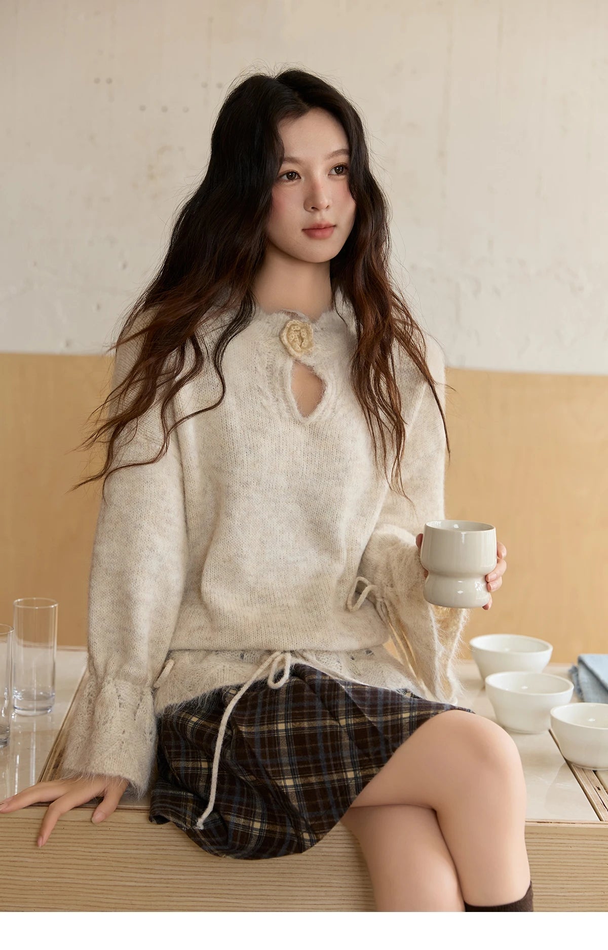 Mishow Apricot Drawstring 3D Flower Hollow Sweater MXE88Z2709