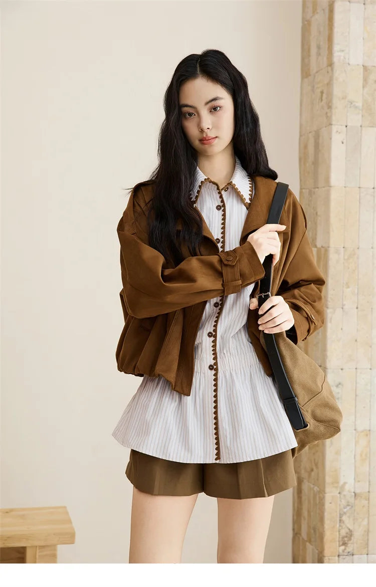 MISHOW Vintage Suede Short Jacket Brown Lapel Zipper MXE45W0869