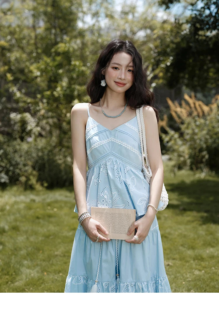 Mishow Strap V-Neck Embroidery Top & Drawstring Skirt Set MXE34T0624