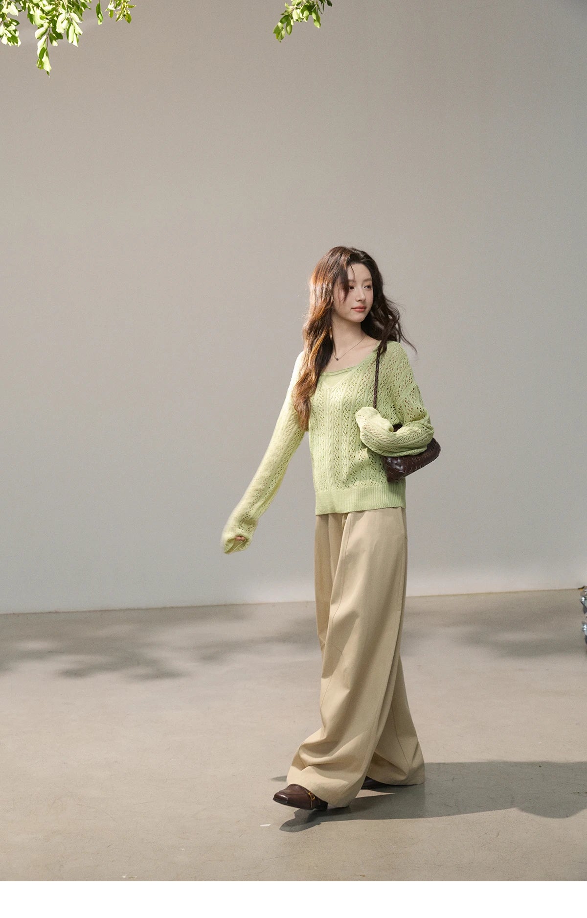 Mishow Green Hollow Cable Knit Top & Camisole Set MXF16T1524
