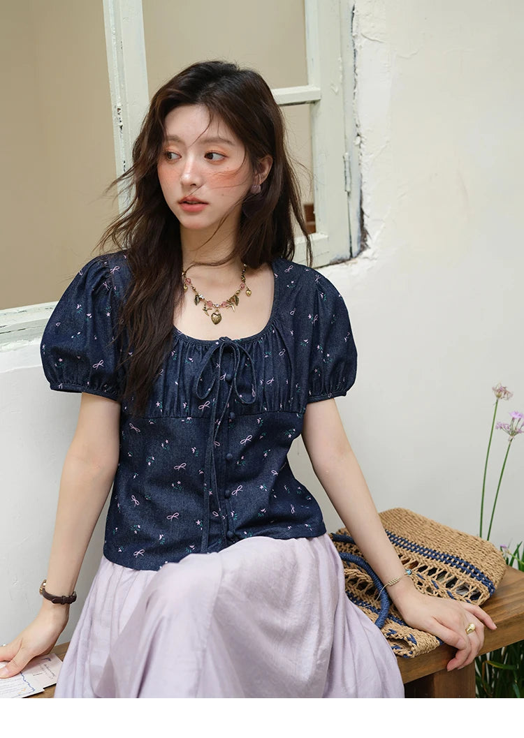 MISHOW Puff Sleeve Square Neck Blouse Lace Up Print Denim MXE39X1933