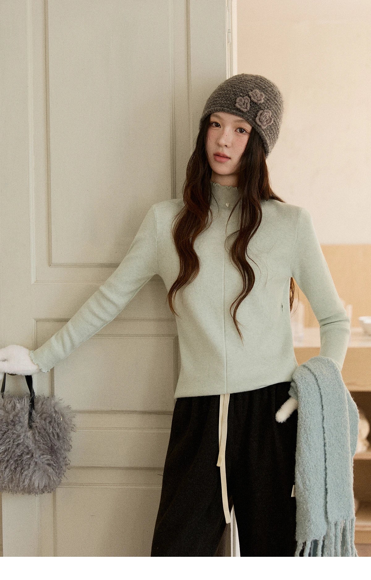 Mishow Ruffled Turtleneck Slim Knit Top MXE91Z2826