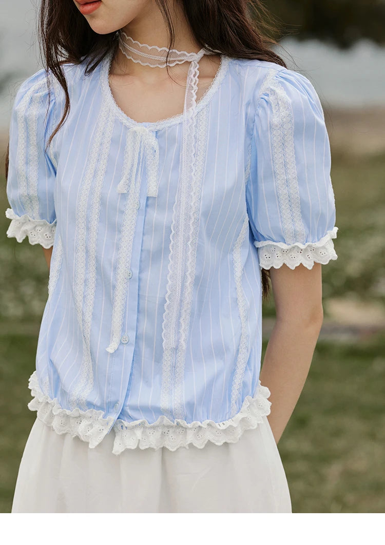MISHOW Striped Blouse Short Puff Sleeve Lace Patchwork MXE32X1759