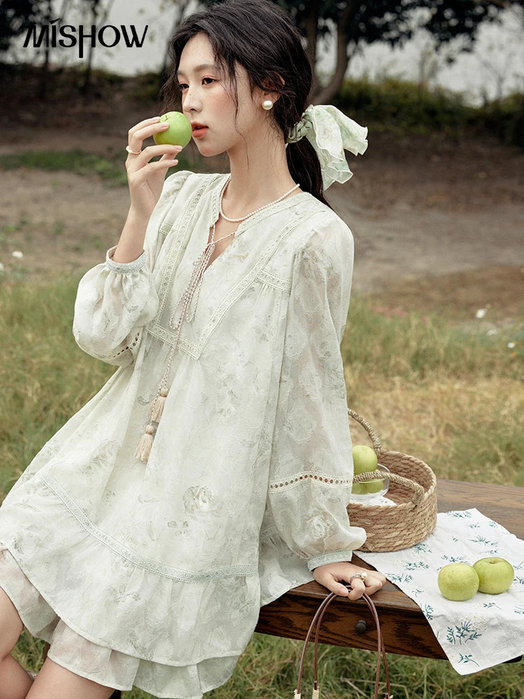 Mishow Floral V-Neck Tassel Lantern Sleeve Dress MXE15L2121