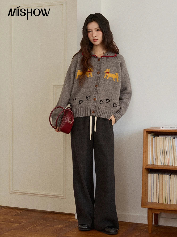 Mishow Dog Cartoon Jacquard Turn-Down Cardigan MXE86Z2727