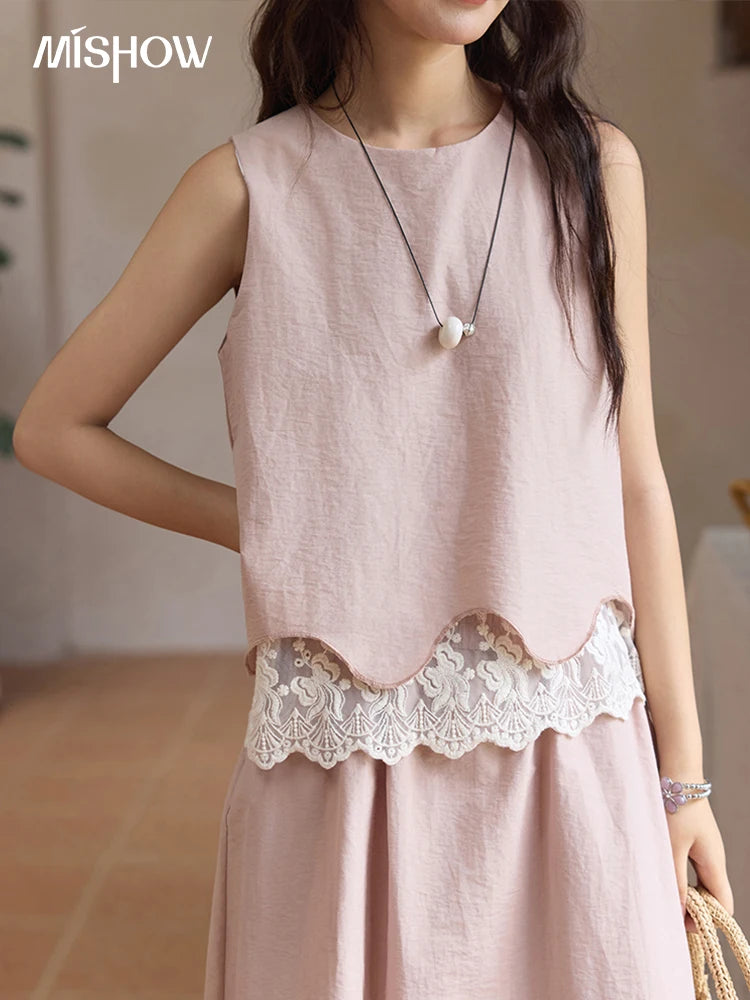 Mishow O-Neck Lace Patchwork Top & Elastic Waist Midi Skirt Set MXE36T0641