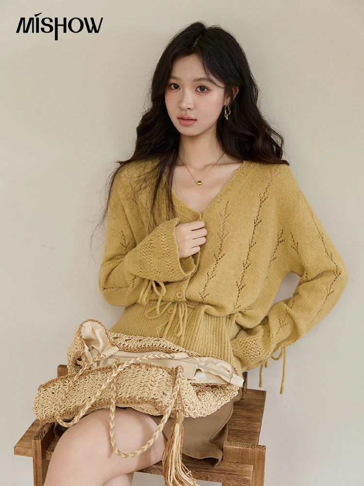 Mishow Yellow Hollow V-Neck Drawstring Cardigan MXF108Z1022
