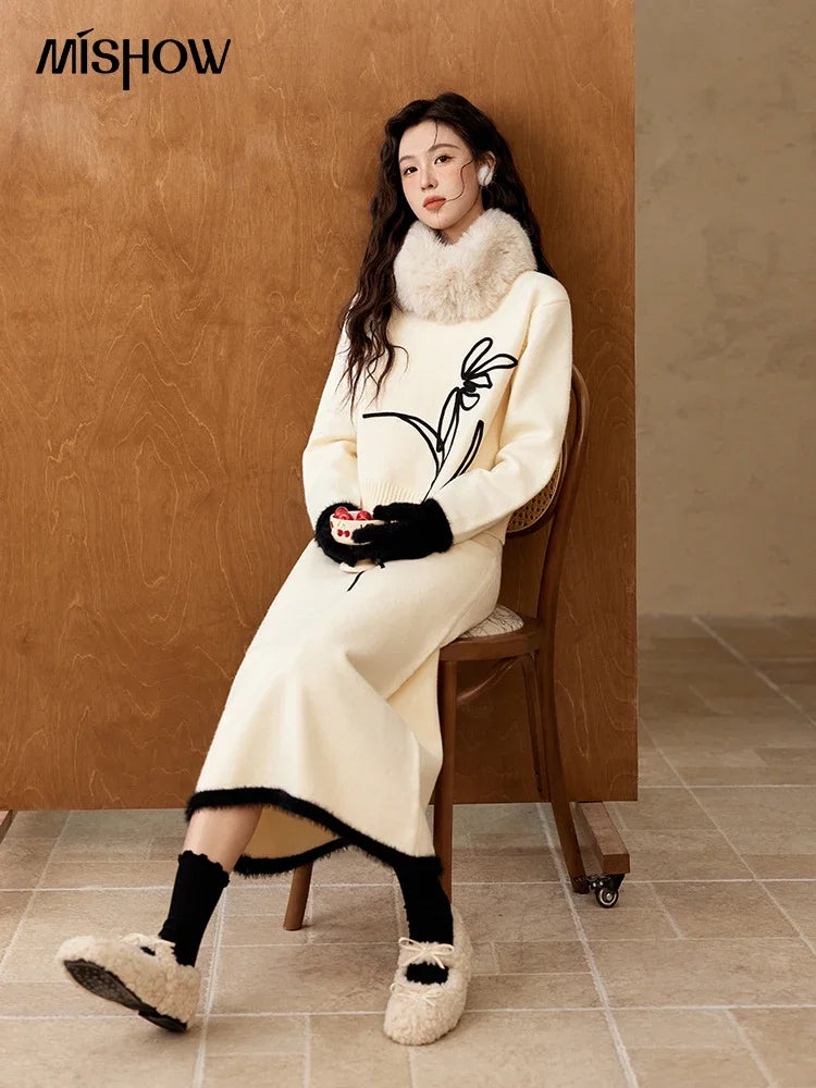 Mishow French Embroidered Knit Top & High Waist Midi Skirt Set MXD57T0463