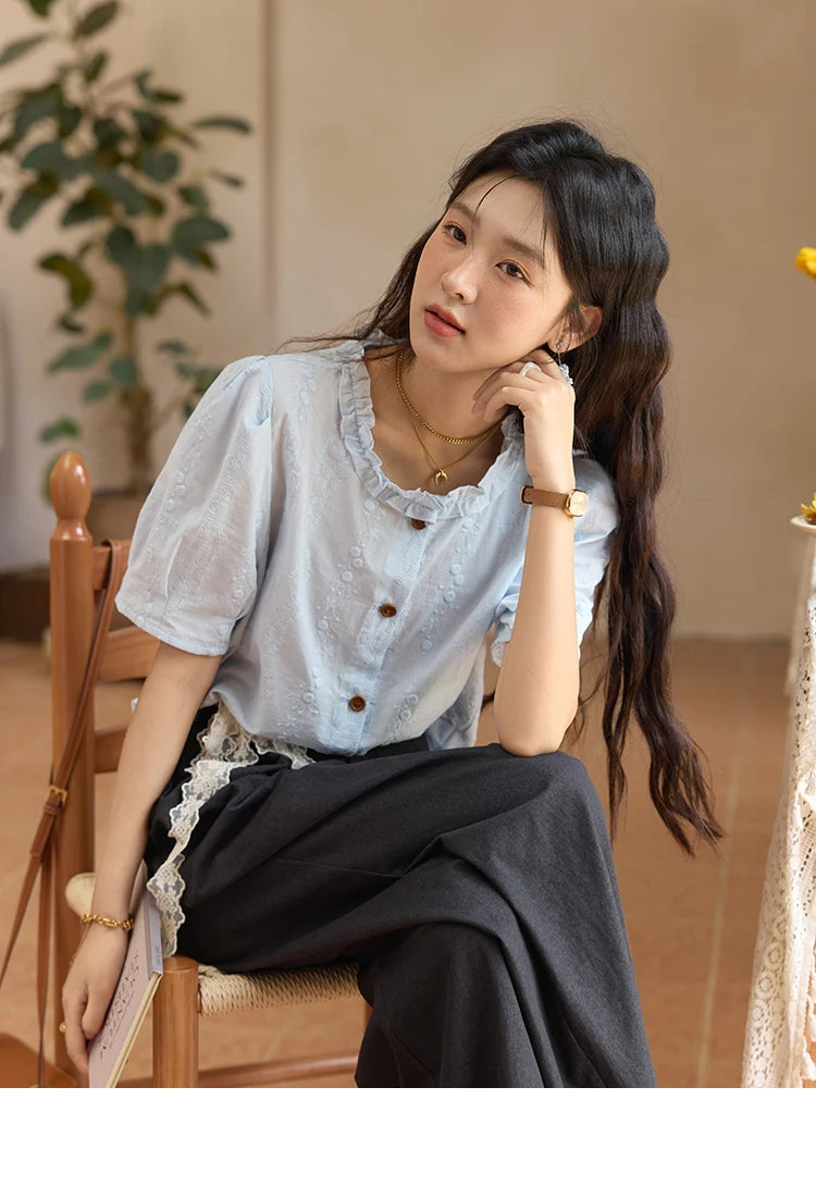 MISHOW 100% Cotton Puff Sleeve Shirt Round Neck Button MXE36X1873