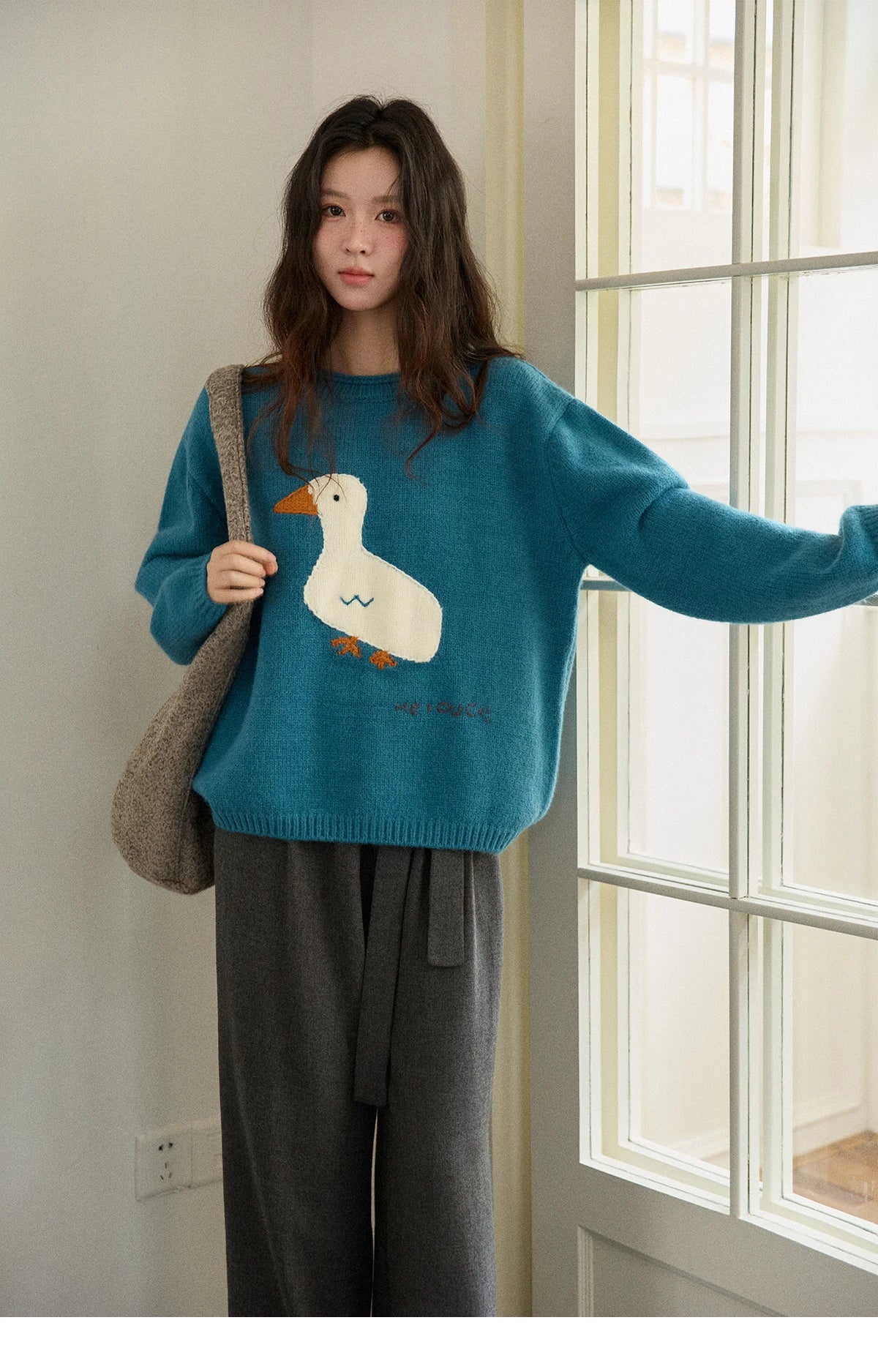 Mishow Peacock Blue Jacquard Loose Sweater MXE86Z2751