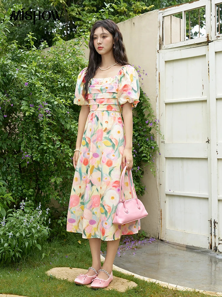 Mishow French Tulip Fragmented Flower Puff Dress MXD28L1896