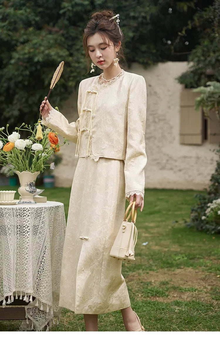 Mishow Chinese Lace Edge Jacket & Front Split Midi Skirt Set MXD15W0370