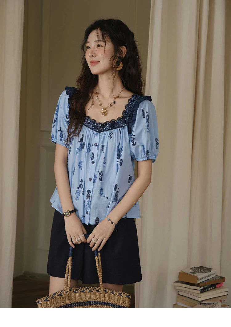 MISHOW Print Cotton Shirt Puff Sleeve Lace Splicing MXE35X1842