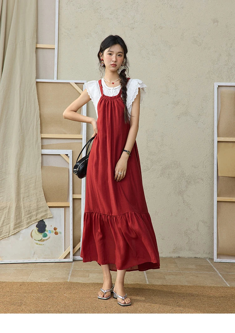 Mishow Red Linen Hanging Neck Strap Midi Dress MXE36L2309