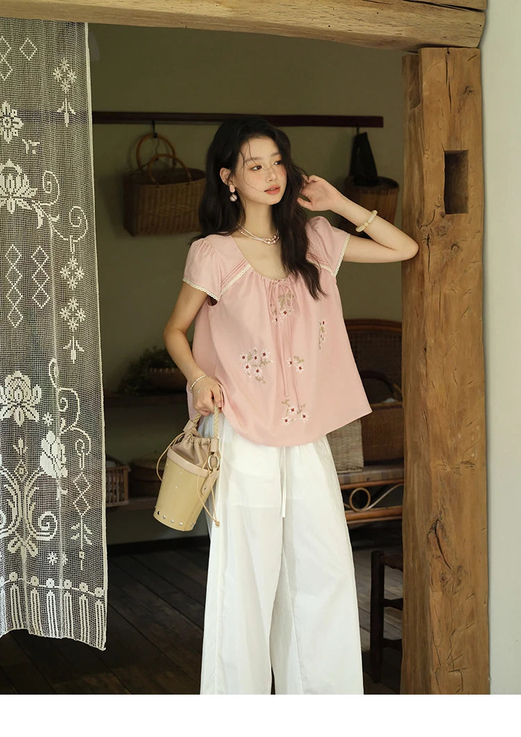 MISHOW Embroidery Flower Blouse O-Neck Lace Up Flying Sleeve MXE39X1880